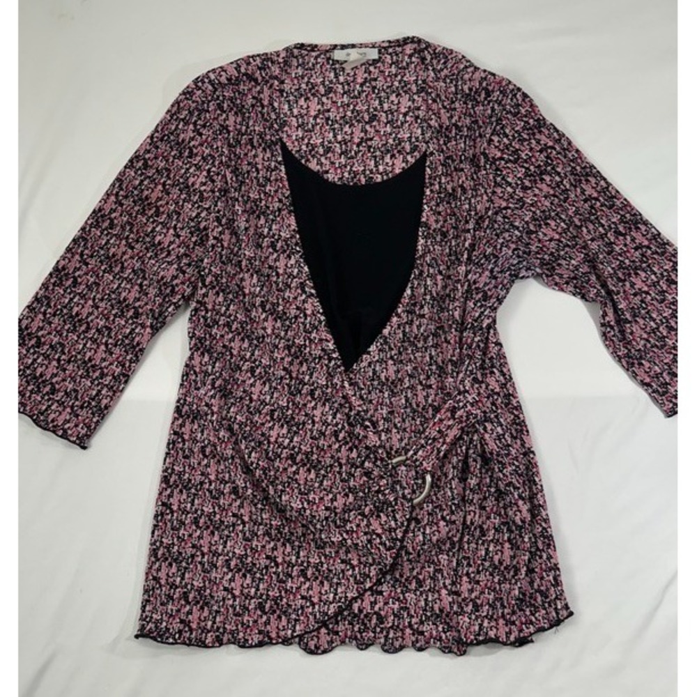 Dressbarn Blouse Women 2X Pink Tunic Faux Wrap 3/4 Sleeve Knit Floral 6-7252DR - Picture 2 of 8